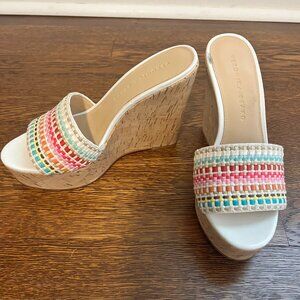 Veronica Beard Dali Raffia Woven Cork Wedge Sandals Snow White Multi Size 6M